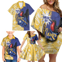 Personalised Nauru Angam Day Family Matching Off Shoulder Short Dress and Hawaiian Shirt Naoero Frigatebird With Flag Proud