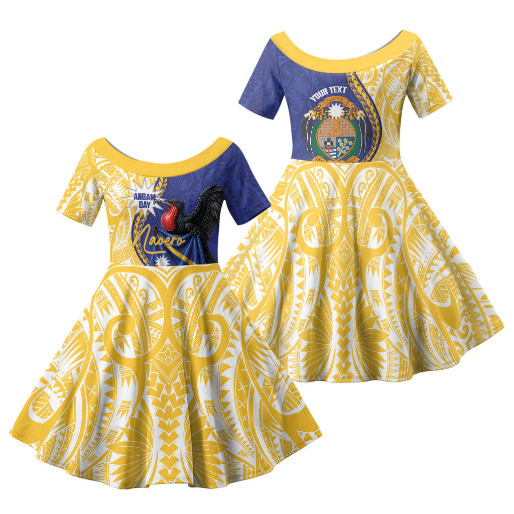 Personalised Nauru Angam Day Family Matching Off Shoulder Short Dress and Hawaiian Shirt Naoero Frigatebird With Flag Proud