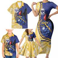 Personalised Nauru Angam Day Family Matching Short Sleeve Bodycon Dress and Hawaiian Shirt Naoero Frigatebird With Flag Proud