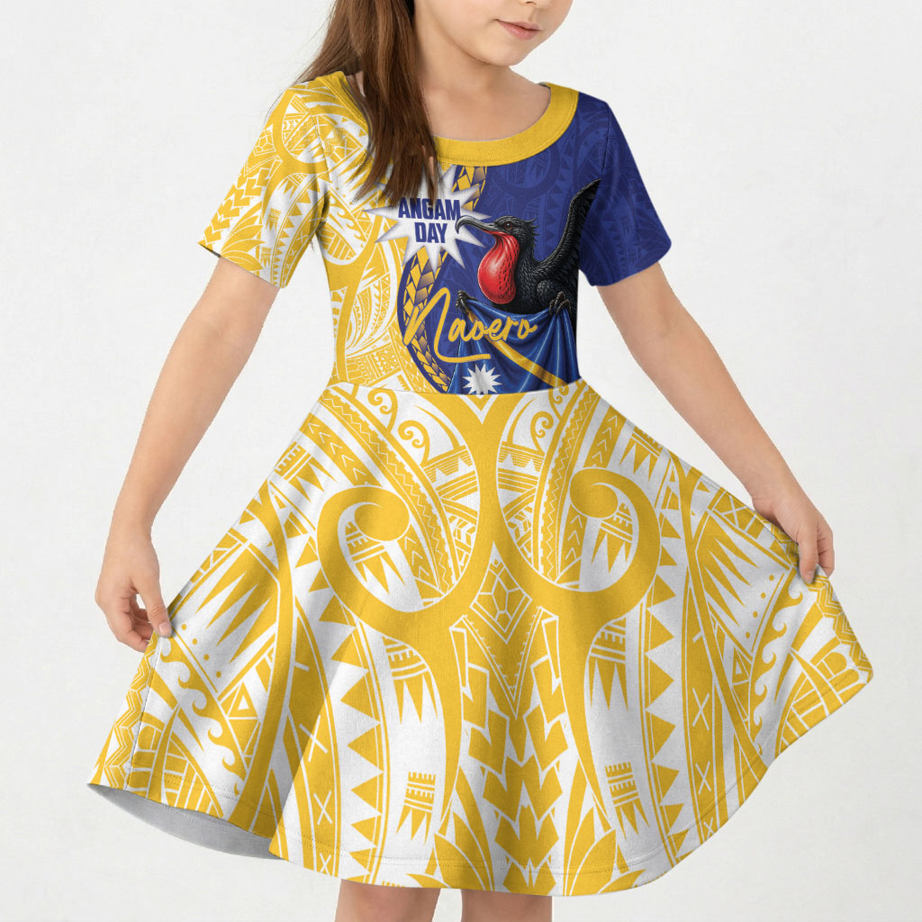 Personalised Nauru Angam Day Kid Short Sleeve Dress Naoero Frigatebird With Flag Proud