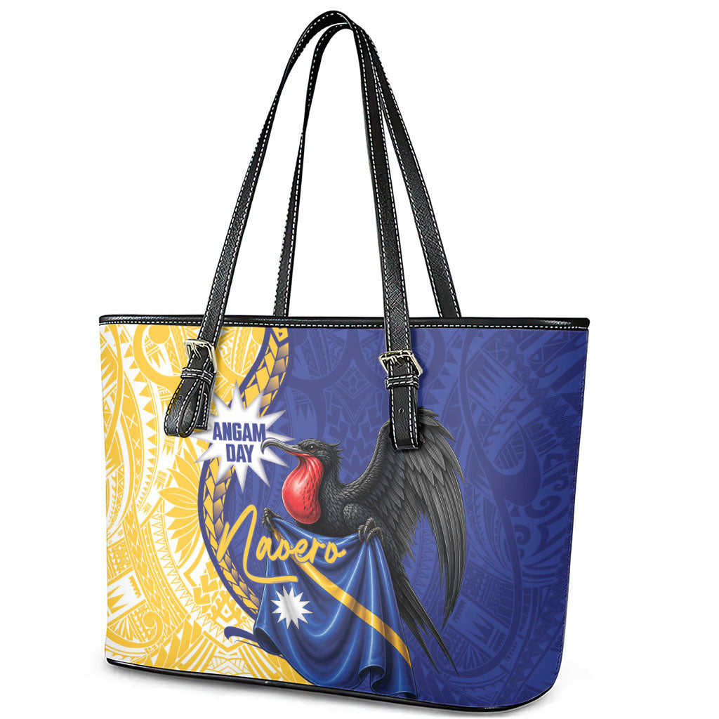 Nauru Angam Day Leather Tote Bag Naoero Frigatebird With Flag Proud