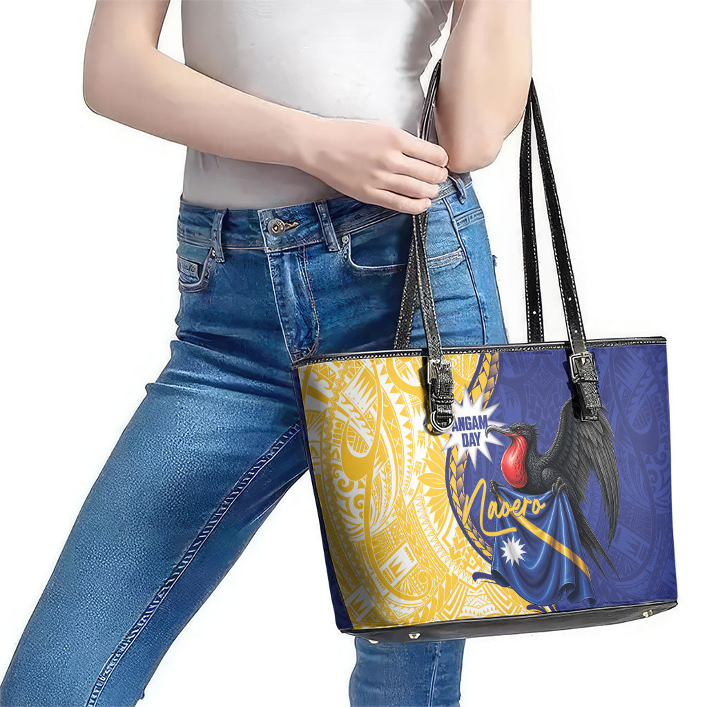 Nauru Angam Day Leather Tote Bag Naoero Frigatebird With Flag Proud