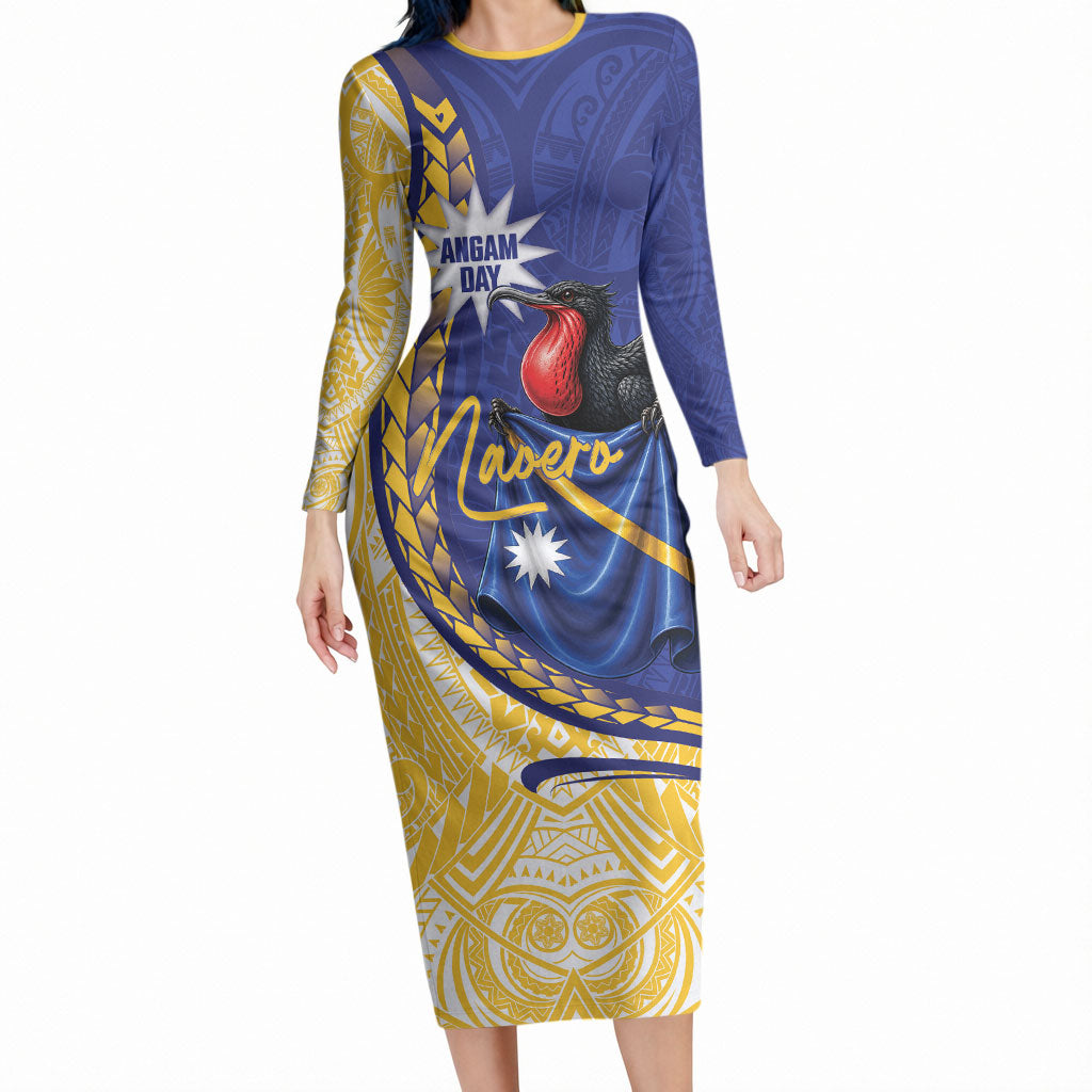 Personalised Nauru Angam Day Long Sleeve Bodycon Dress Naoero Frigatebird With Flag Proud