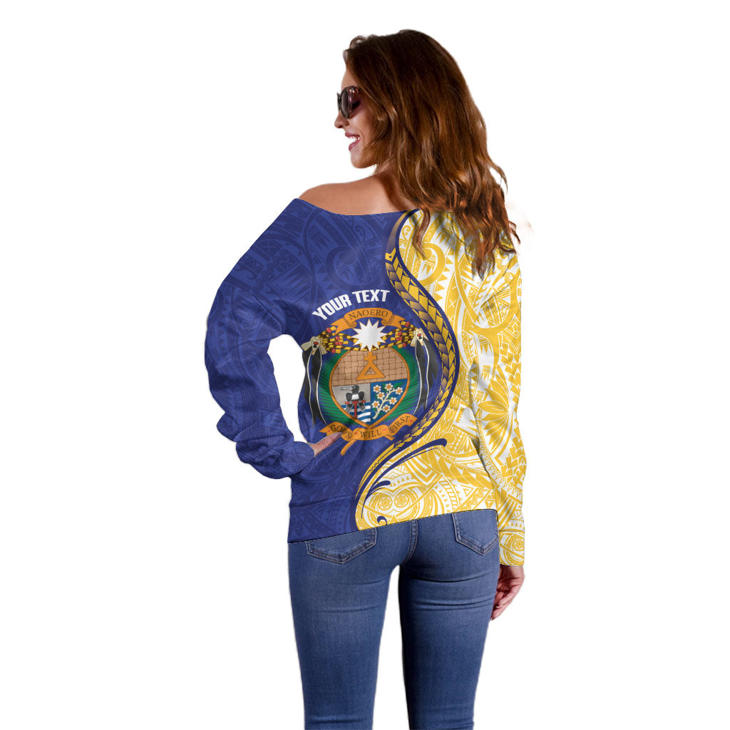 Personalised Nauru Angam Day Off Shoulder Sweater Naoero Frigatebird With Flag Proud