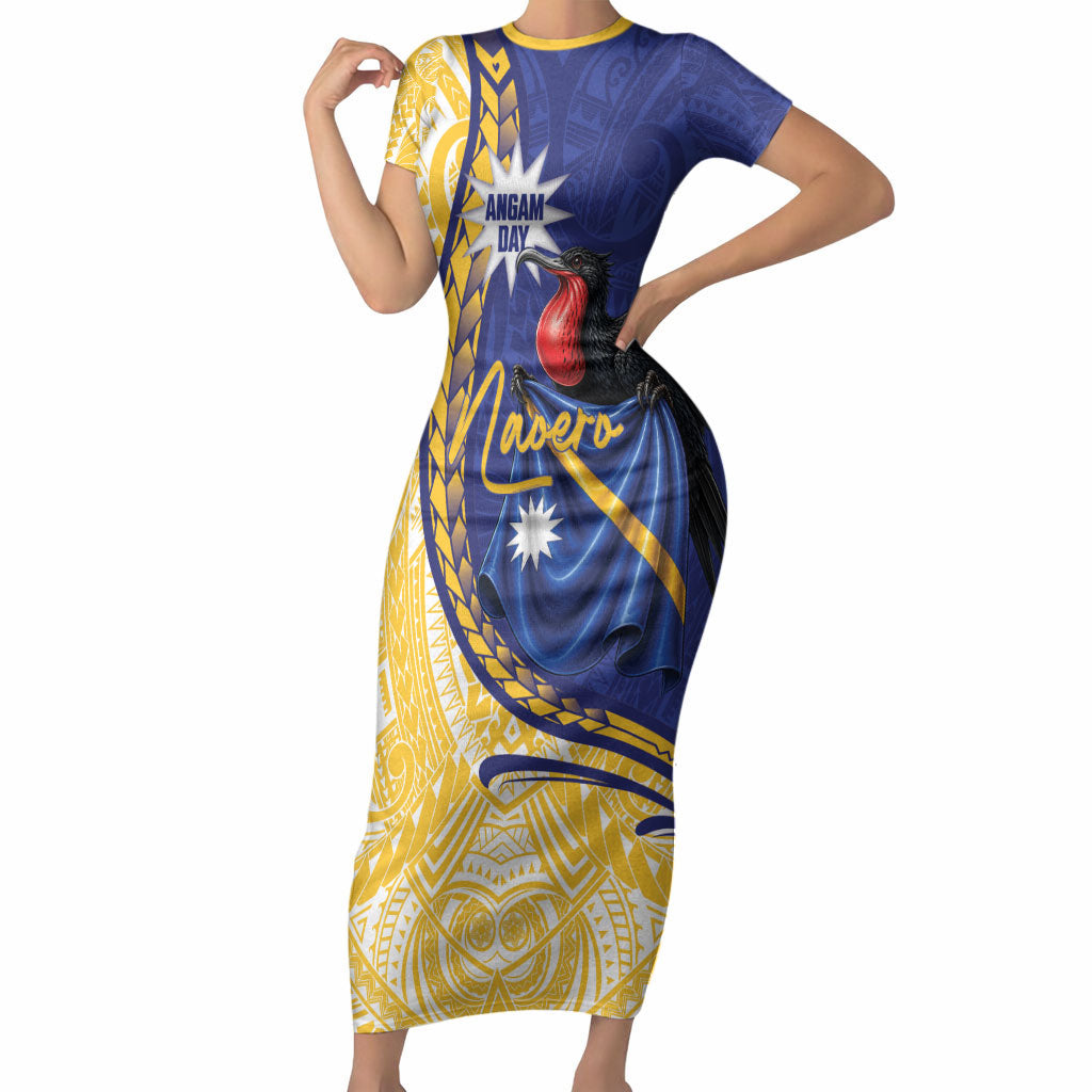 Personalised Nauru Angam Day Short Sleeve Bodycon Dress Naoero Frigatebird With Flag Proud
