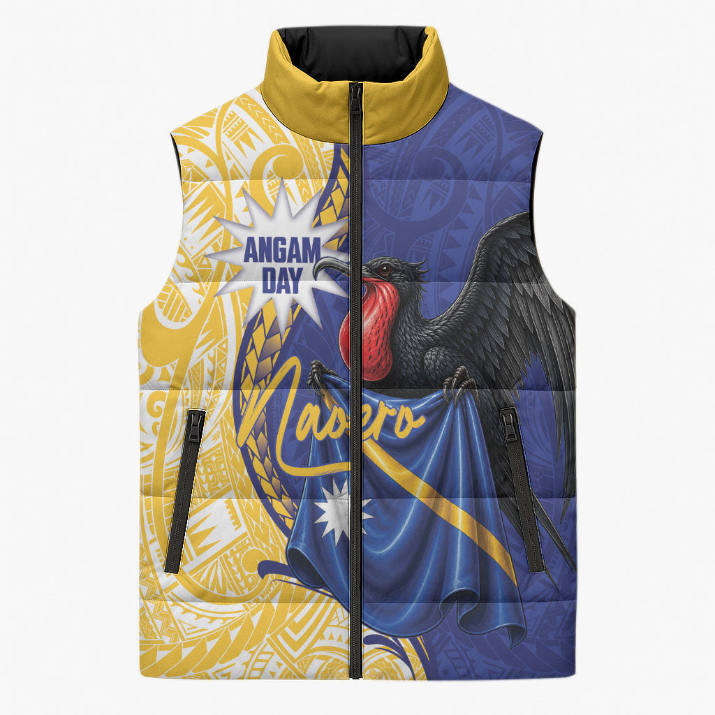 Personalised Nauru Angam Day Sleeveless Puffer Jacket Naoero Frigatebird With Flag Proud