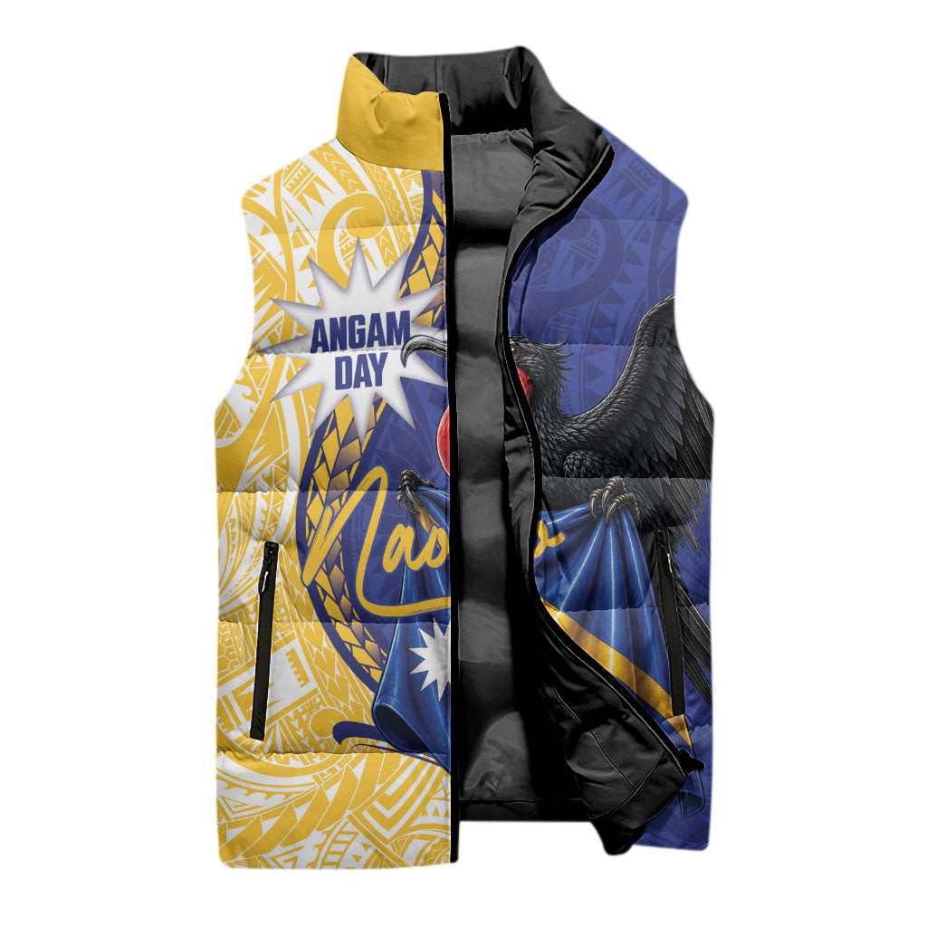 Personalised Nauru Angam Day Sleeveless Puffer Jacket Naoero Frigatebird With Flag Proud