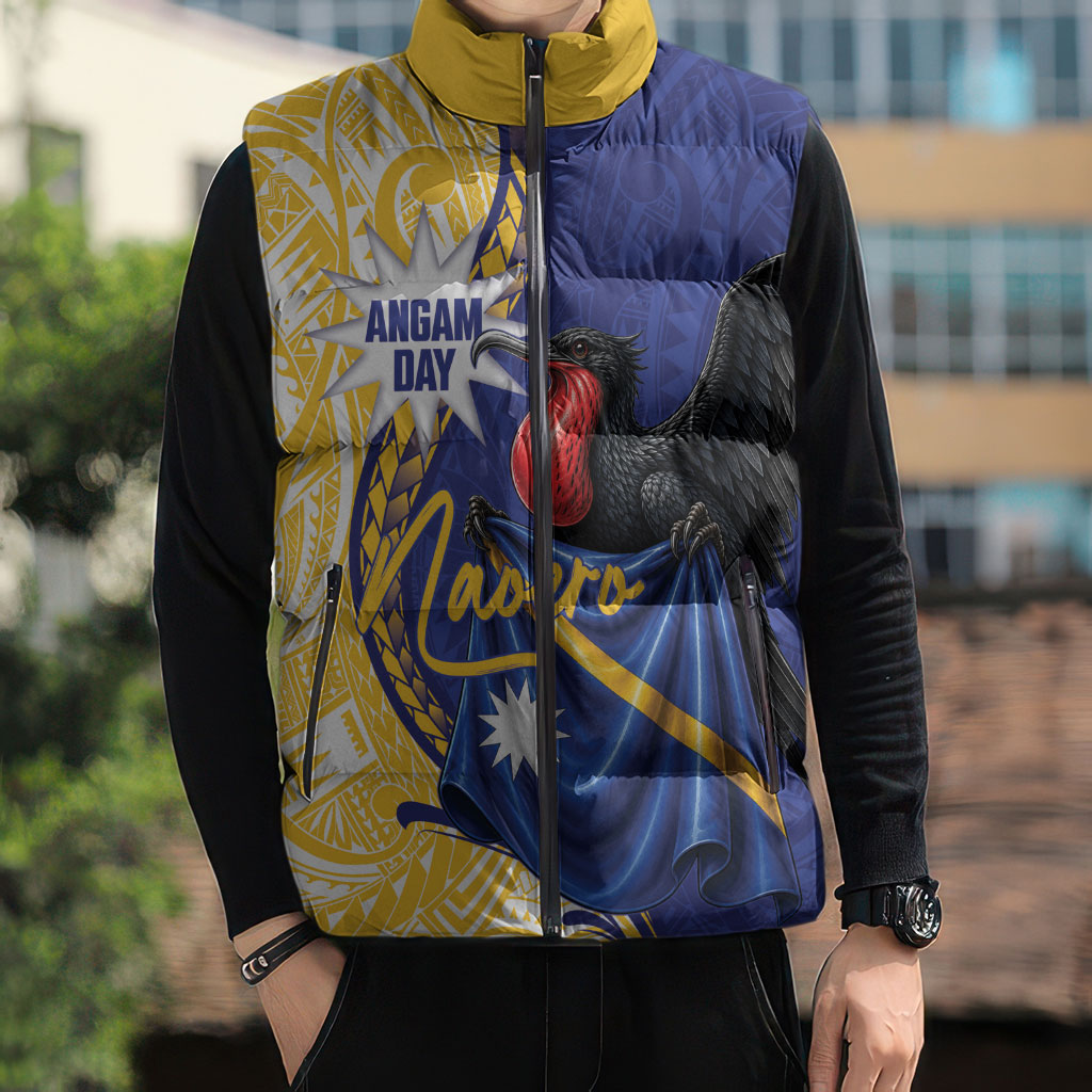 Personalised Nauru Angam Day Sleeveless Puffer Jacket Naoero Frigatebird With Flag Proud
