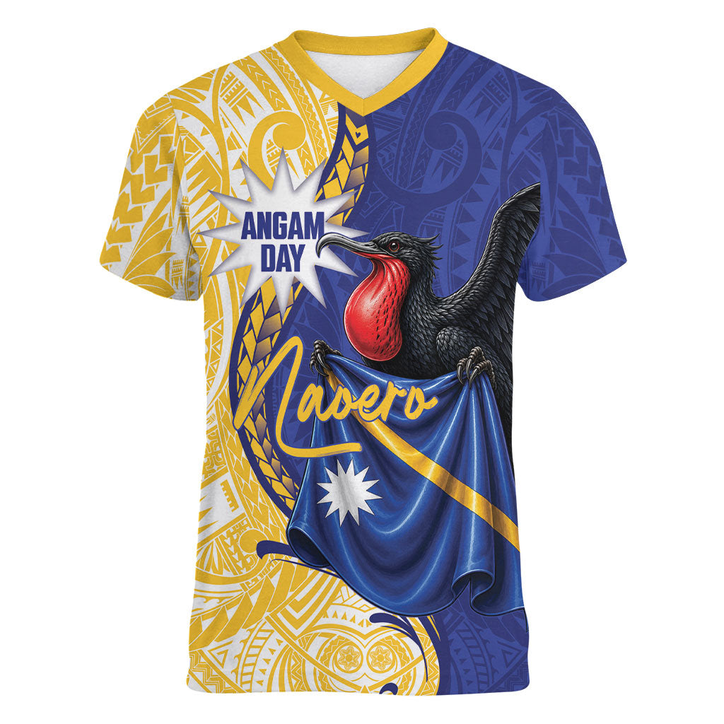 Personalised Nauru Angam Day Women V-Neck T-Shirt Naoero Frigatebird With Flag Proud