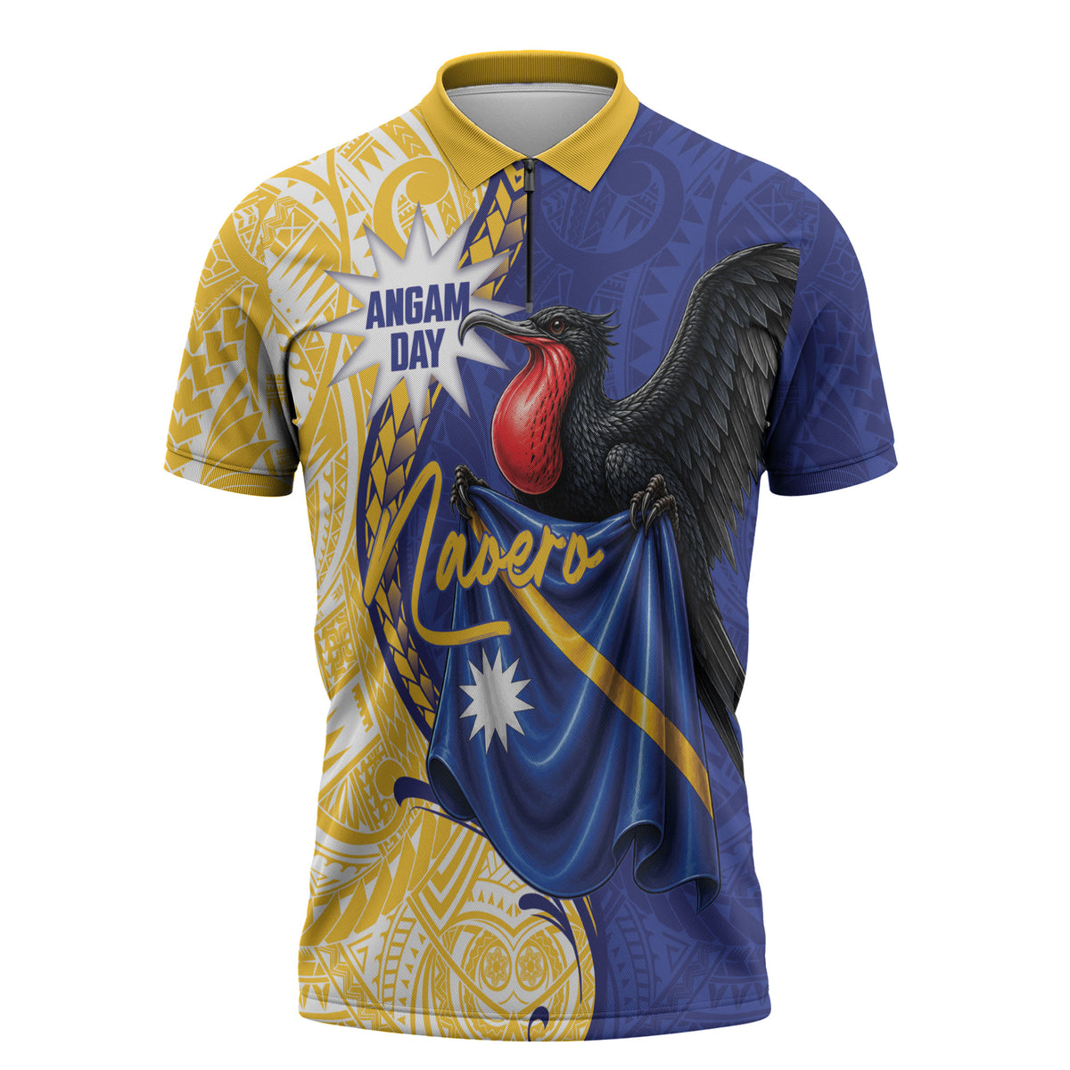 Personalised Nauru Angam Day Zipper Polo Shirt Naoero Frigatebird With Flag Proud
