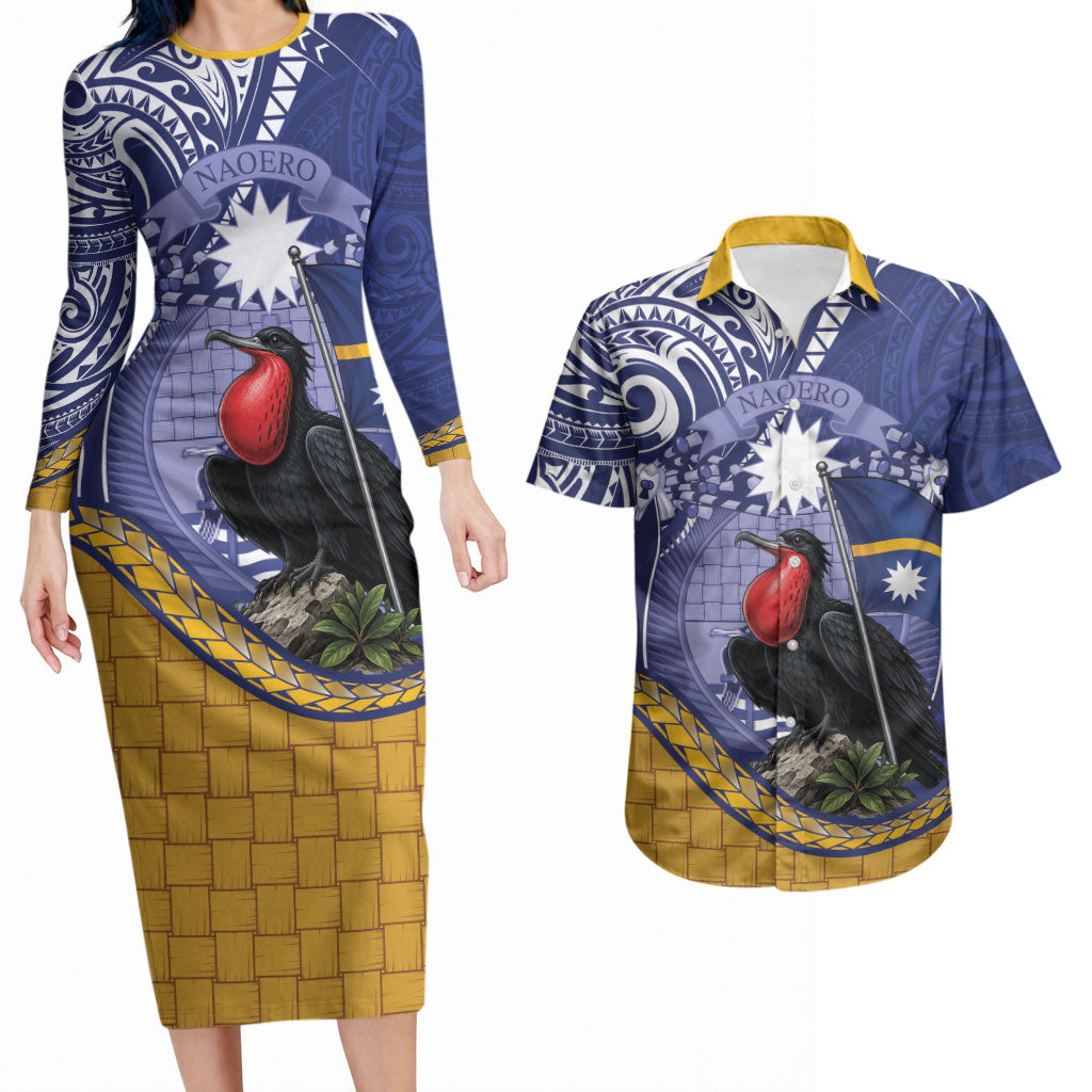 Magnificent Frigatebird Nauru Couples Matching Long Sleeve Bodycon Dress and Hawaiian Shirt Pandanus Weaving Polynesian Pattern