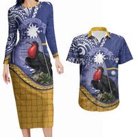 Magnificent Frigatebird Nauru Couples Matching Long Sleeve Bodycon Dress and Hawaiian Shirt Pandanus Weaving Polynesian Pattern