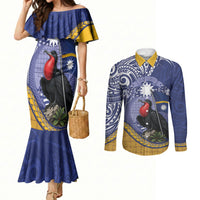 Magnificent Frigatebird Nauru Couples Matching Mermaid Dress and Long Sleeve Button Shirt Pandanus Weaving Polynesian Pattern