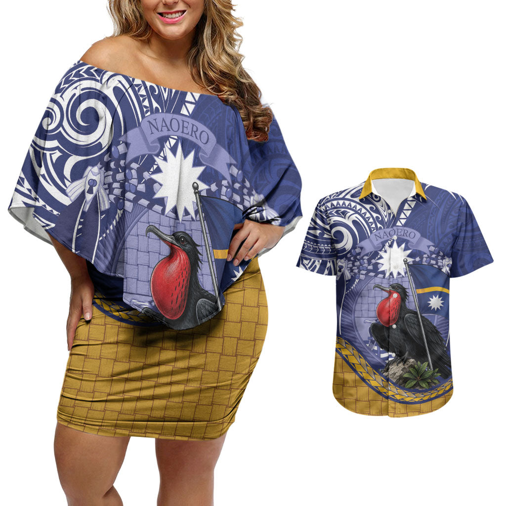 Magnificent Frigatebird Nauru Couples Matching Off Shoulder Short Dress and Hawaiian Shirt Pandanus Weaving Polynesian Pattern