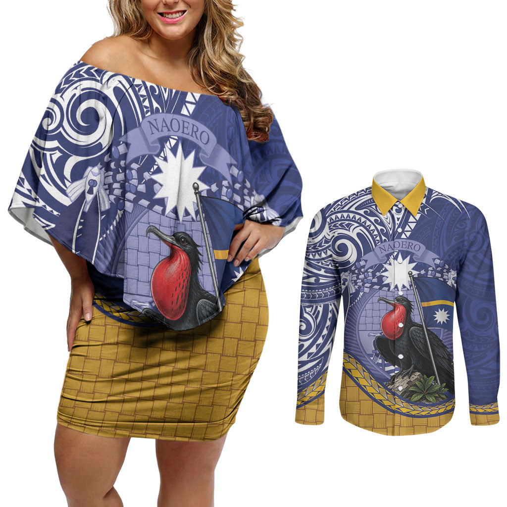 Magnificent Frigatebird Nauru Couples Matching Off Shoulder Short Dress and Long Sleeve Button Shirt Pandanus Weaving Polynesian Pattern