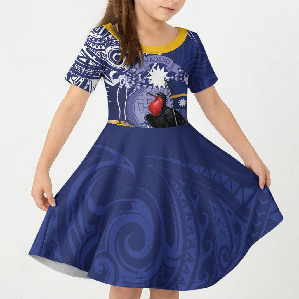 Magnificent Frigatebird Nauru Kid Short Sleeve Dress Pandanus Weaving Polynesian Pattern