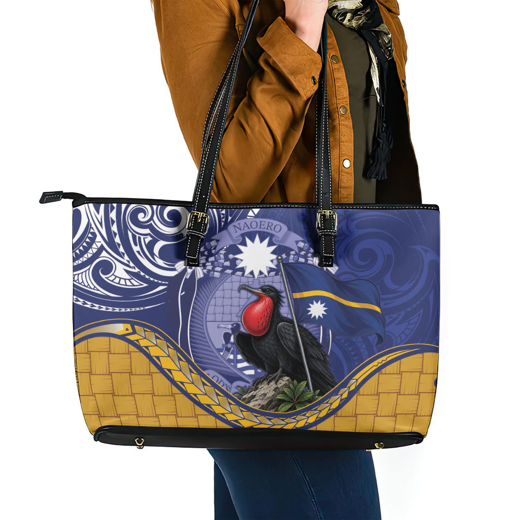 Magnificent Frigatebird Nauru Leather Tote Bag Pandanus Weaving Polynesian Pattern