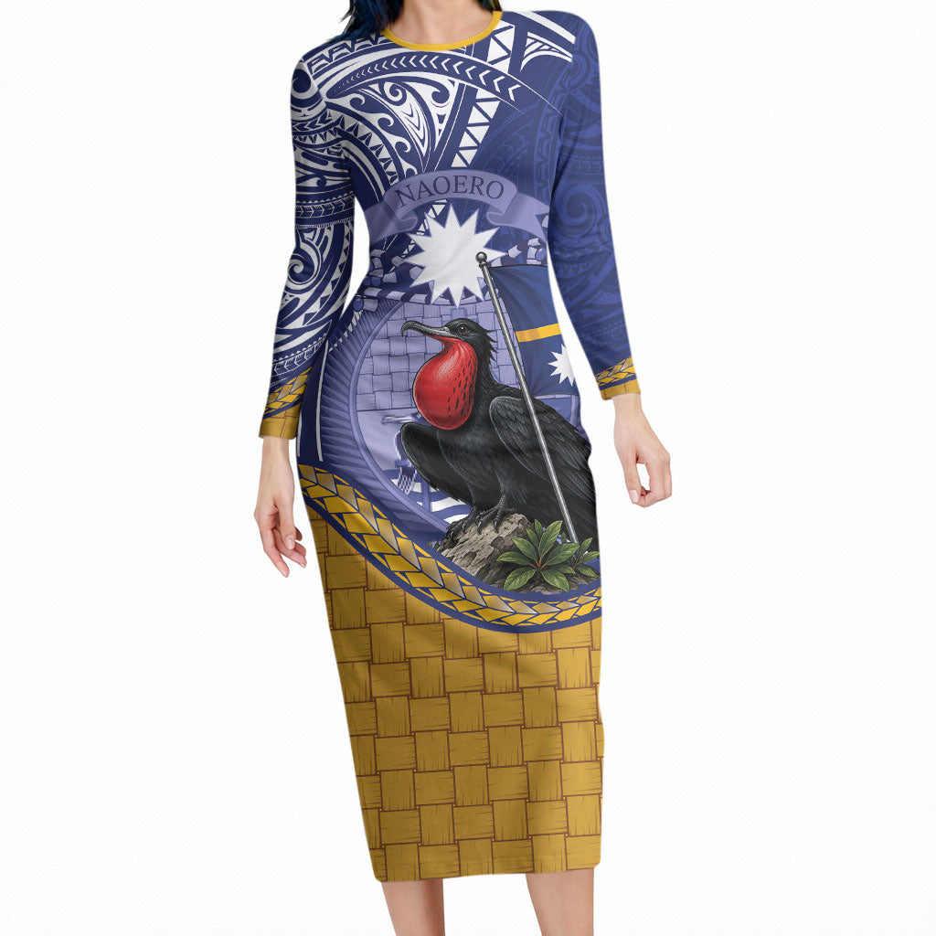 Magnificent Frigatebird Nauru Long Sleeve Bodycon Dress Pandanus Weaving Polynesian Pattern