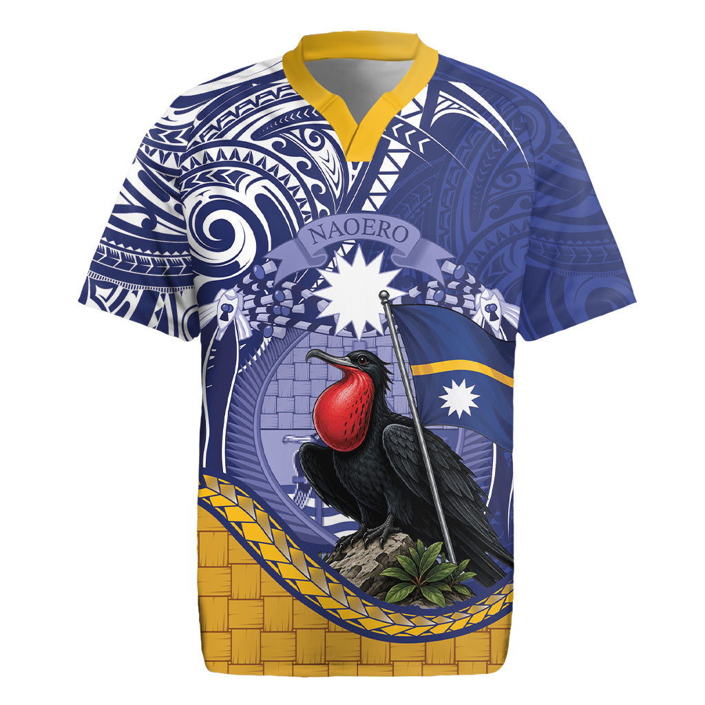 Magnificent Frigatebird Nauru Rugby Jersey Pandanus Weaving Polynesian Pattern LT14 Blue - Polynesian Pride