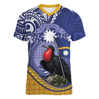 Magnificent Frigatebird Nauru Women V-Neck T-Shirt Pandanus Weaving Polynesian Pattern