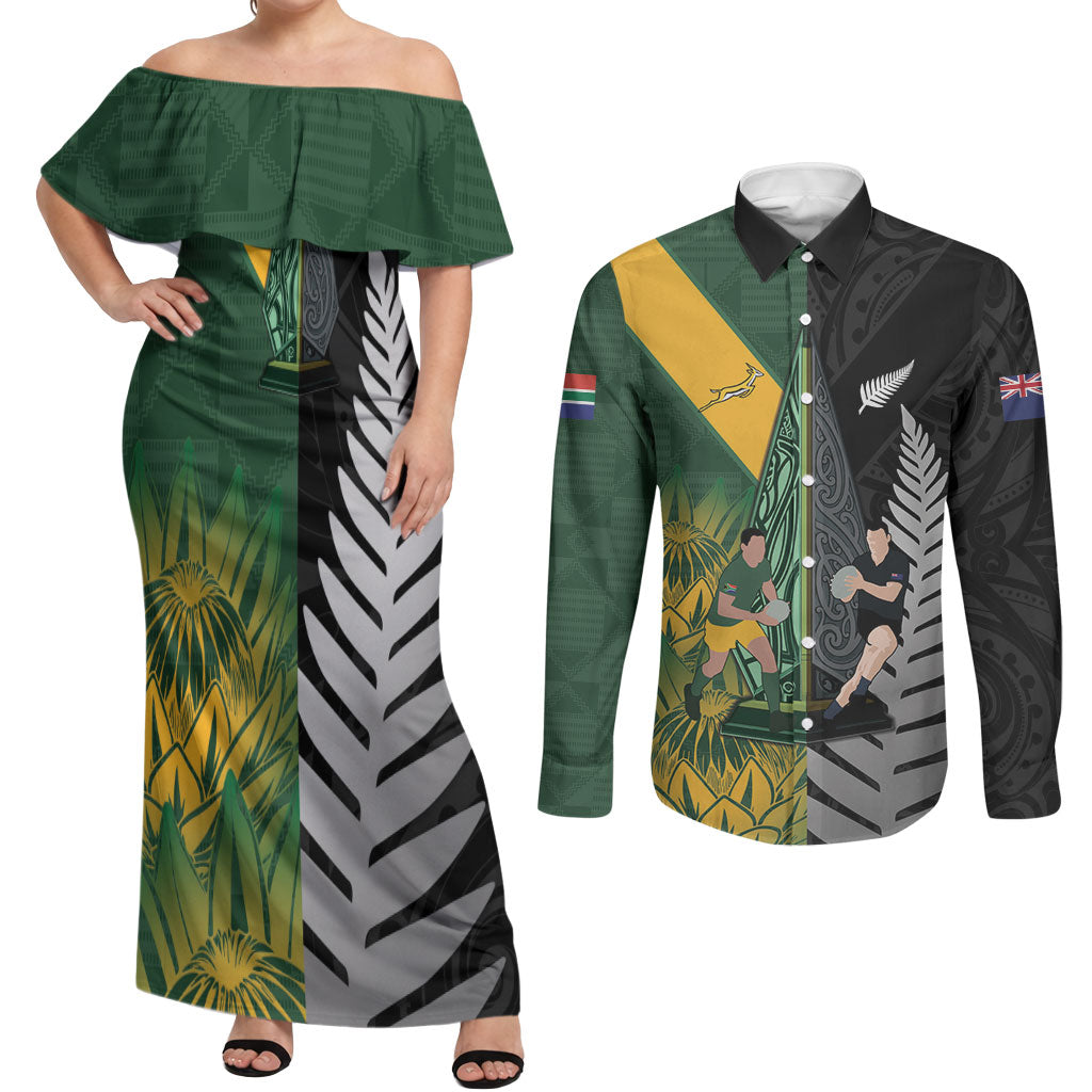 New Zealand and South Africa Rugby Custom Couples Matching Off Shoulder Maxi Dress and Long Sleeve Button Shirt Ultimate Rivalry All Black Springboks