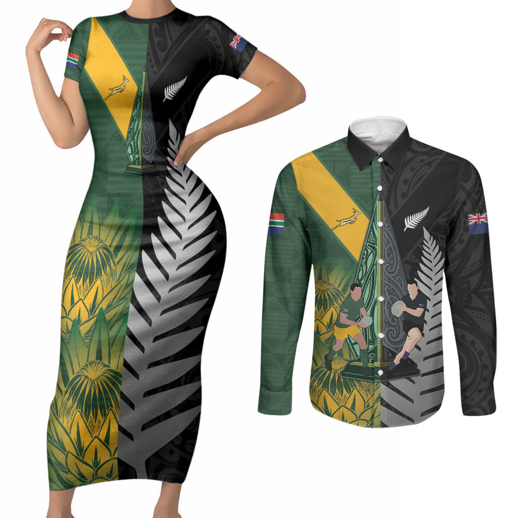 New Zealand and South Africa Rugby Custom Couples Matching Short Sleeve Bodycon Dress and Long Sleeve Button Shirt Ultimate Rivalry All Black Springboks