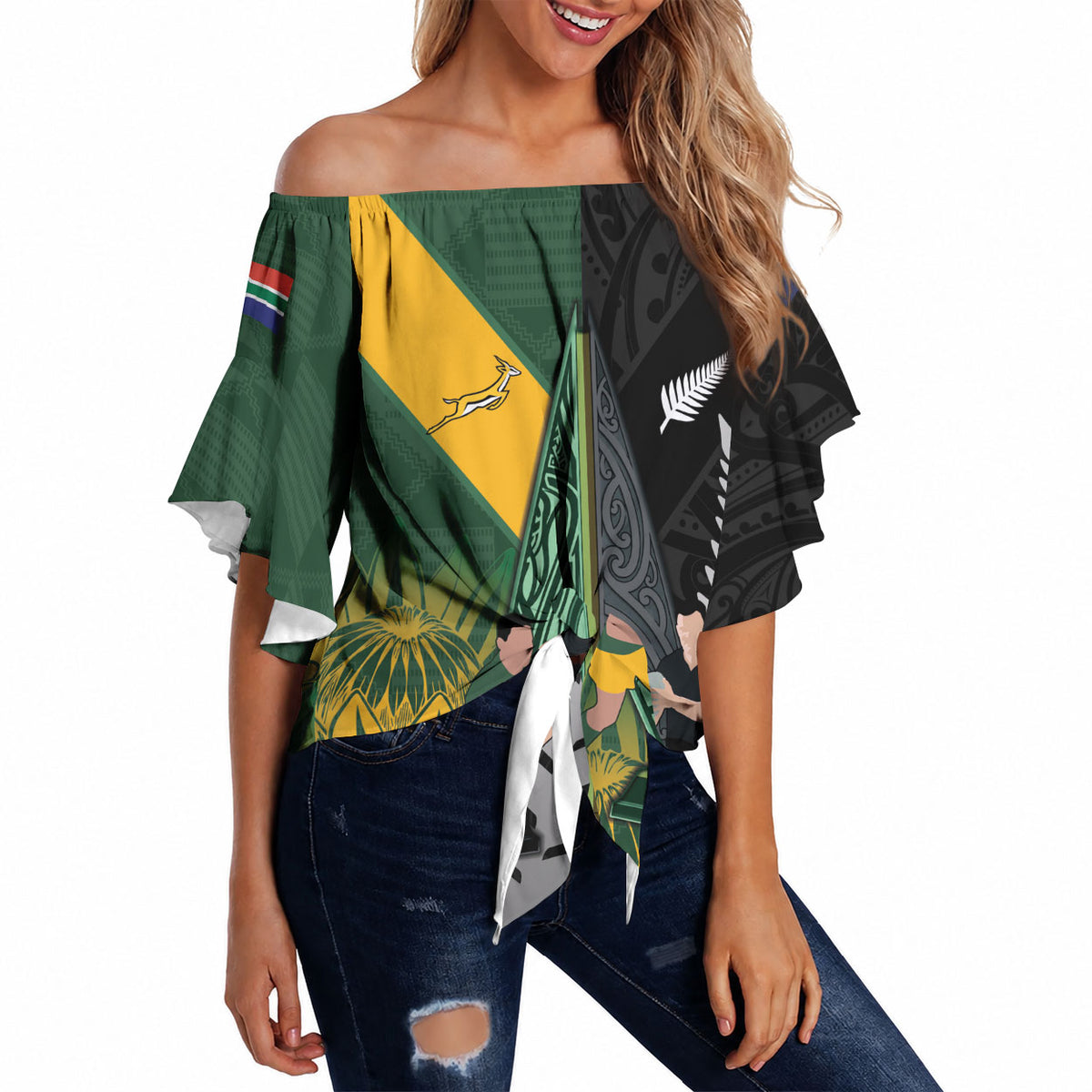 New Zealand and South Africa Rugby Custom Off Shoulder Wrap Waist Top Ultimate Rivalry All Black Springboks