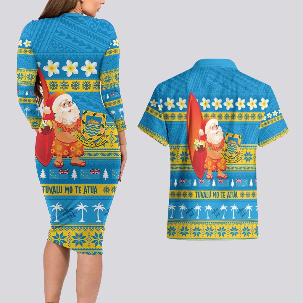 Tuvalu Christmas Couples Matching Long Sleeve Bodycon Dress and Hawaiian Shirt Cute Santa Manuia te Kilisimasi - Polynesian Pride