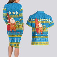 Tuvalu Christmas Couples Matching Long Sleeve Bodycon Dress and Hawaiian Shirt Cute Santa Manuia te Kilisimasi - Polynesian Pride