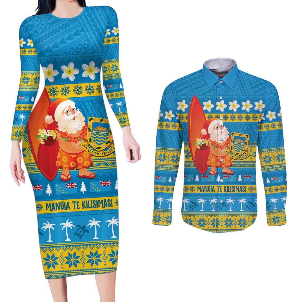 Tuvalu Christmas Couples Matching Long Sleeve Bodycon Dress and Long Sleeve Button Shirt Cute Santa Manuia te Kilisimasi - Polynesian Pride