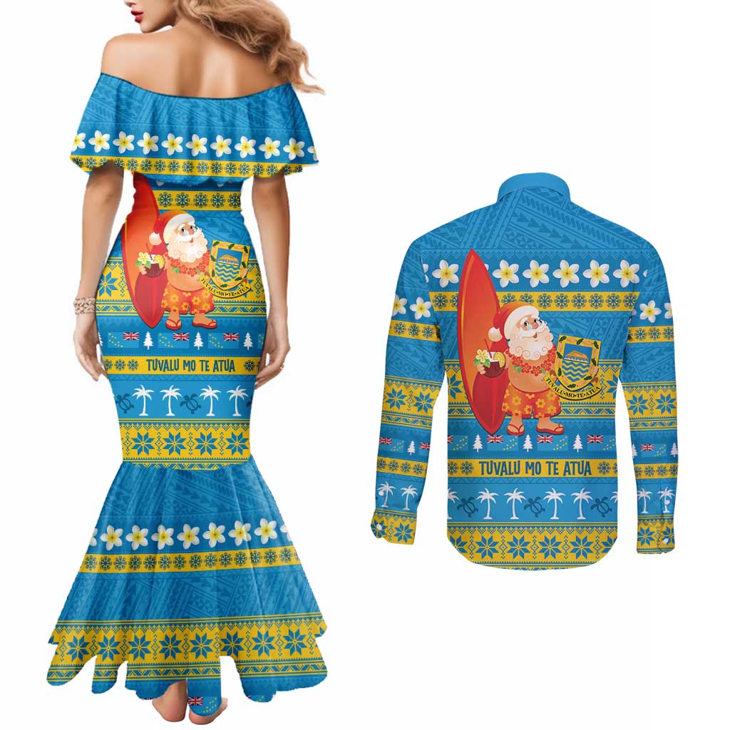 Tuvalu Christmas Couples Matching Mermaid Dress and Long Sleeve Button Shirt Cute Santa Manuia te Kilisimasi - Polynesian Pride