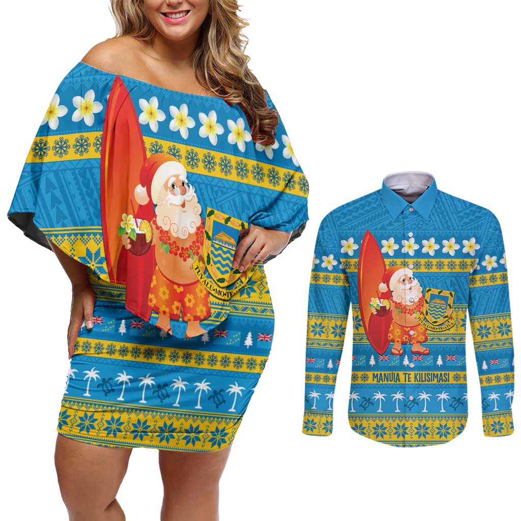 Tuvalu Christmas Couples Matching Off Shoulder Short Dress and Long Sleeve Button Shirt Cute Santa Manuia te Kilisimasi - Polynesian Pride