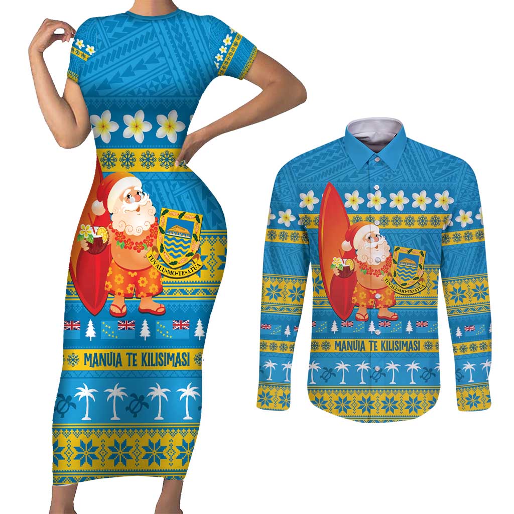 Tuvalu Christmas Couples Matching Short Sleeve Bodycon Dress and Long Sleeve Button Shirt Cute Santa Manuia te Kilisimasi - Polynesian Pride