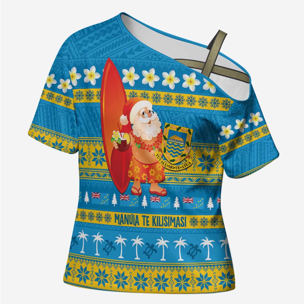 Tuvalu Christmas Cross Shoulder Shirt Cute Santa Manuia te Kilisimasi - Polynesian Pride