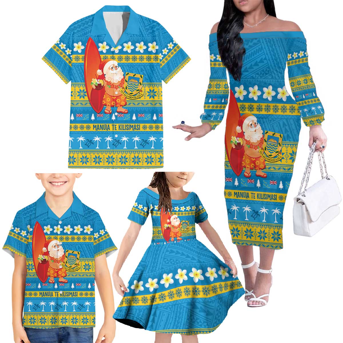Tuvalu Christmas Family Matching Off The Shoulder Long Sleeve Dress and Hawaiian Shirt Cute Santa Manuia te Kilisimasi - Polynesian Pride