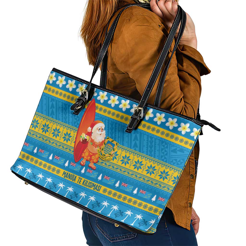 Tuvalu Christmas Leather Tote Bag Cute Santa Manuia te Kilisimasi - Polynesian Pride