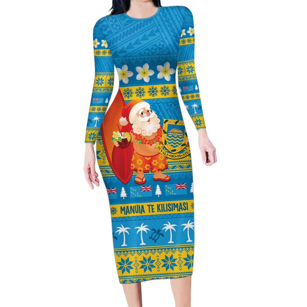 Tuvalu Christmas Long Sleeve Bodycon Dress Cute Santa Manuia te Kilisimasi - Polynesian Pride