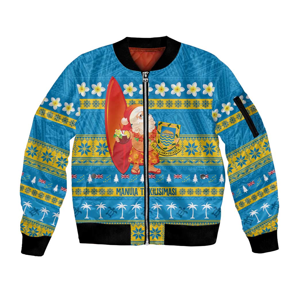 Tuvalu Christmas Sleeve Zip Bomber Jacket Cute Santa Manuia te Kilisimasi - Polynesian Pride
