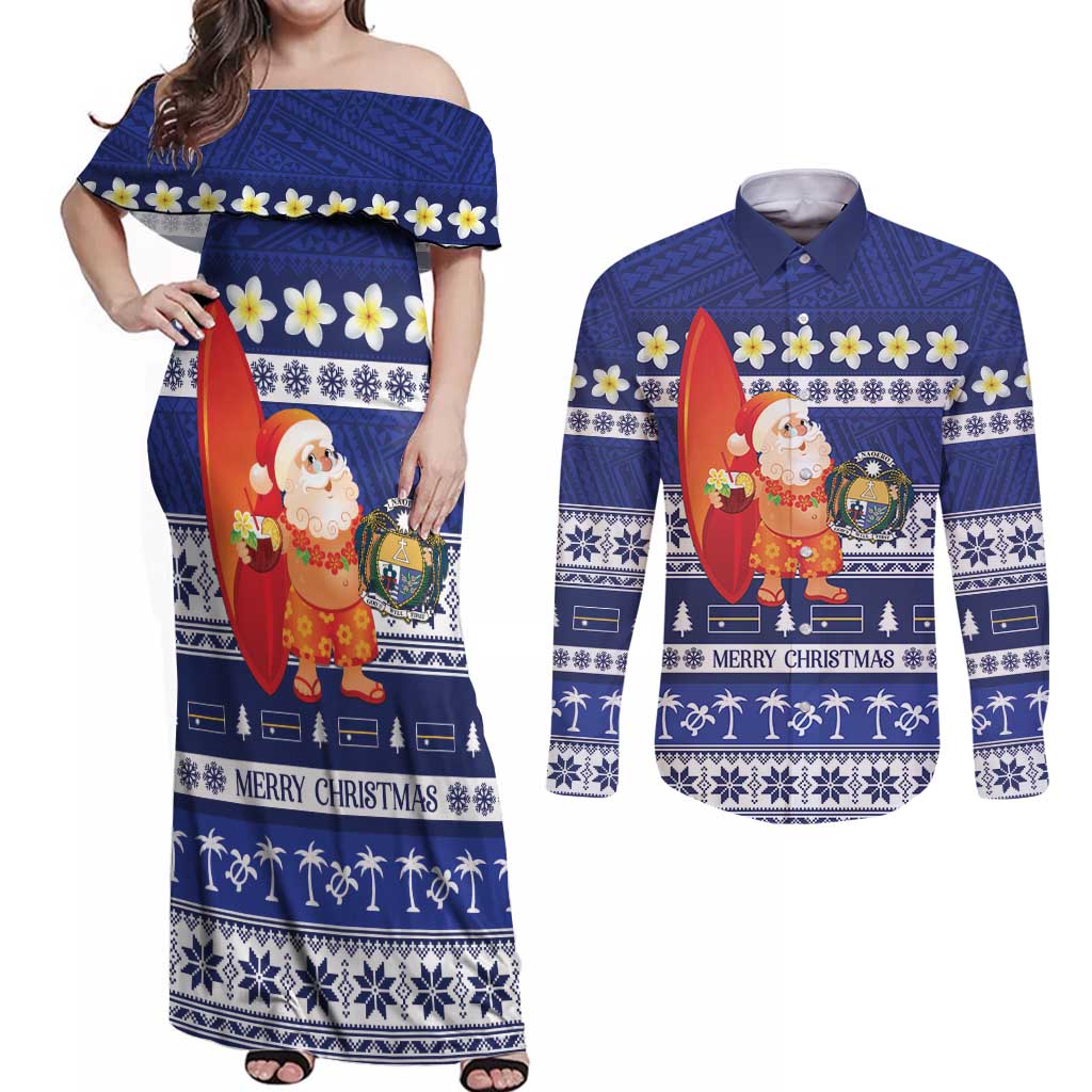 Nauru Christmas Couples Matching Off Shoulder Maxi Dress and Long Sleeve Button Shirt Cute Santa Coat Of Arms Merry Xmas - Polynesian Pride
