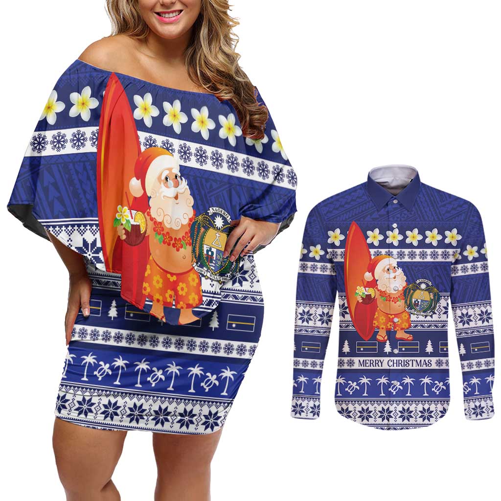 Nauru Christmas Couples Matching Off Shoulder Short Dress and Long Sleeve Button Shirt Cute Santa Coat Of Arms Merry Xmas - Polynesian Pride