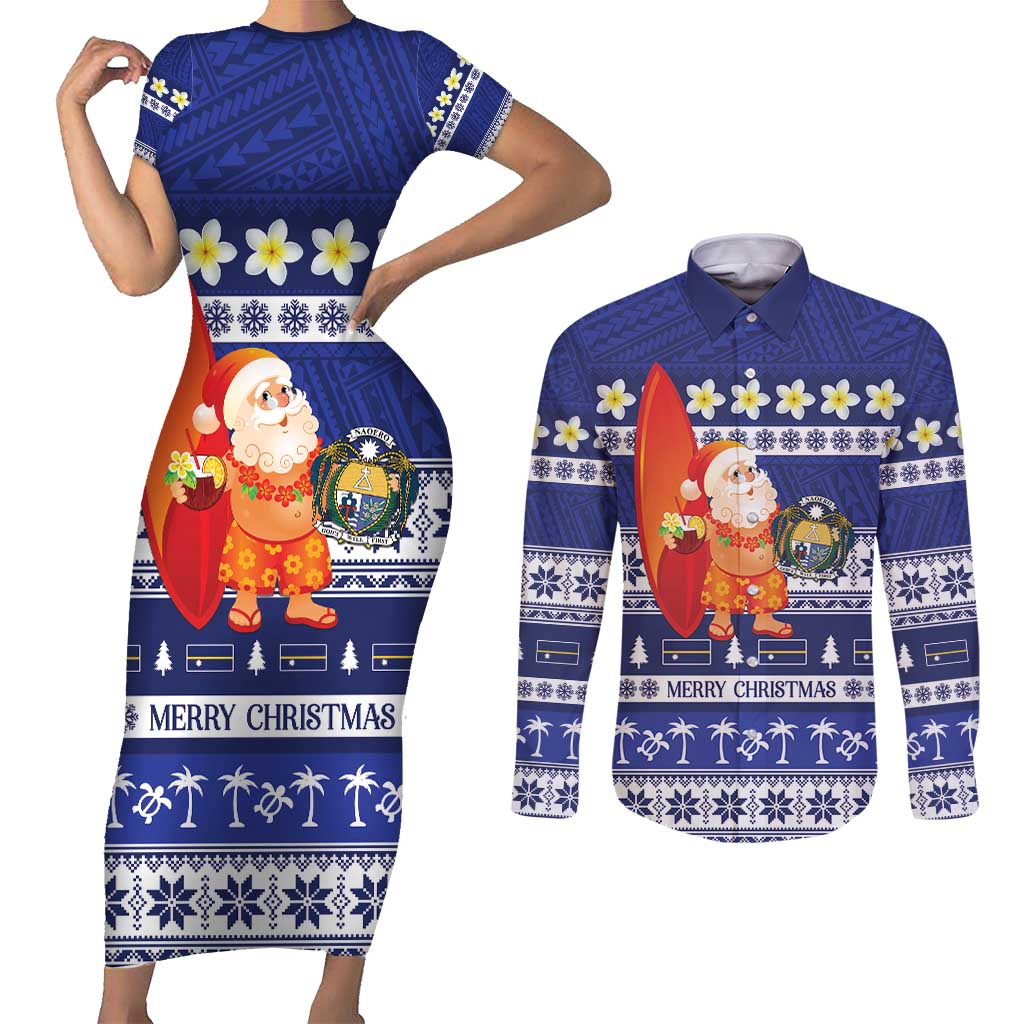Nauru Christmas Couples Matching Short Sleeve Bodycon Dress and Long Sleeve Button Shirt Cute Santa Coat Of Arms Merry Xmas - Polynesian Pride