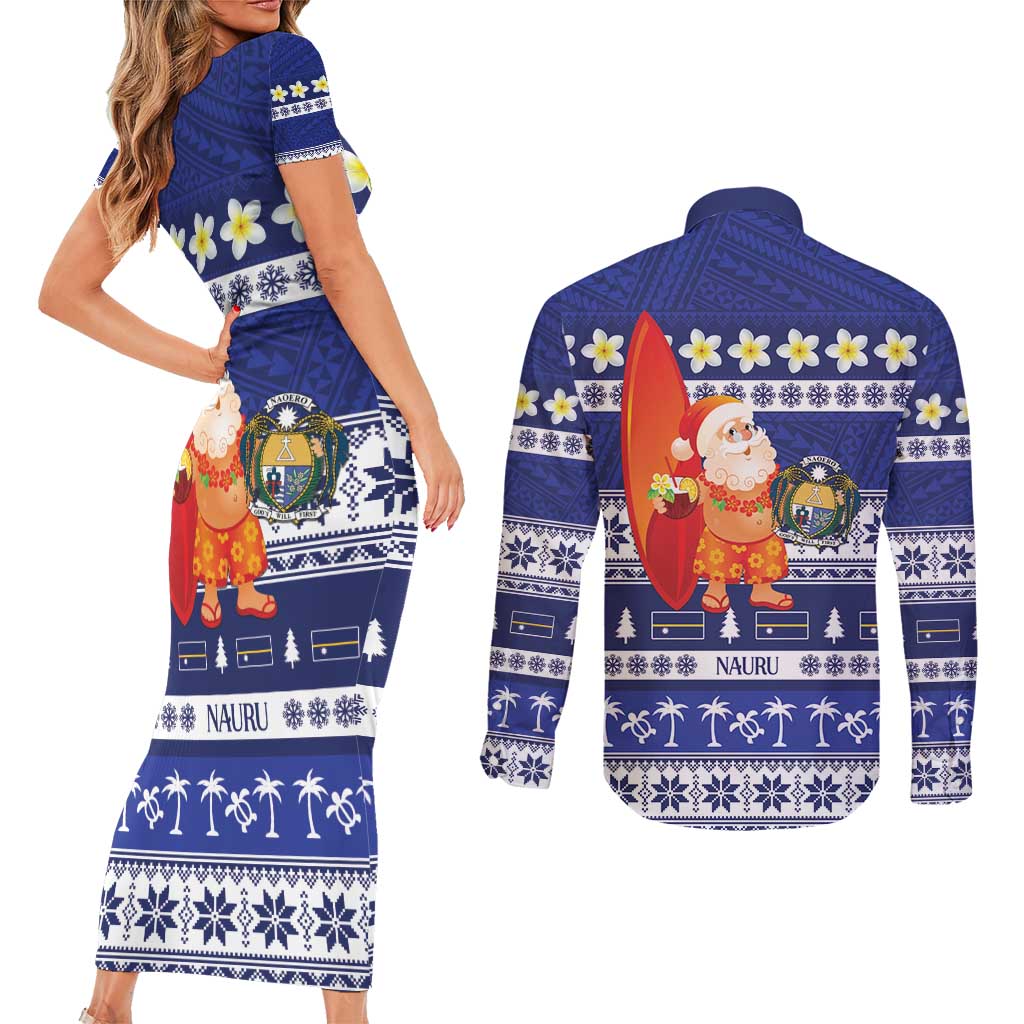Nauru Christmas Couples Matching Short Sleeve Bodycon Dress and Long Sleeve Button Shirt Cute Santa Coat Of Arms Merry Xmas - Polynesian Pride