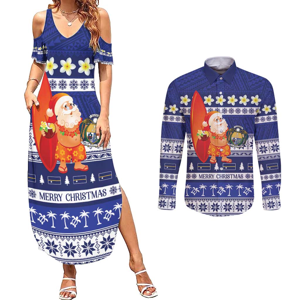 Nauru Christmas Couples Matching Summer Maxi Dress and Long Sleeve Button Shirt Cute Santa Coat Of Arms Merry Xmas - Polynesian Pride