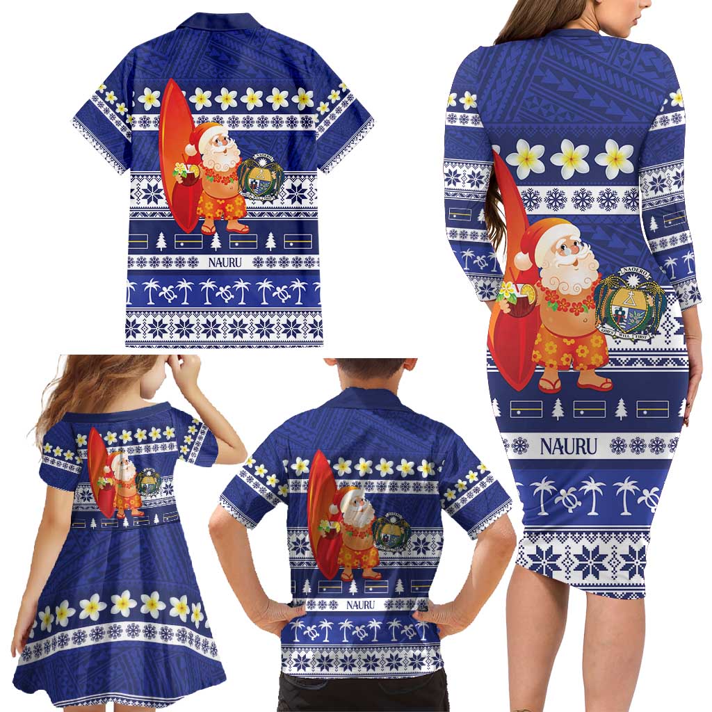 Nauru Christmas Family Matching Long Sleeve Bodycon Dress and Hawaiian Shirt Cute Santa Coat Of Arms Merry Xmas - Polynesian Pride