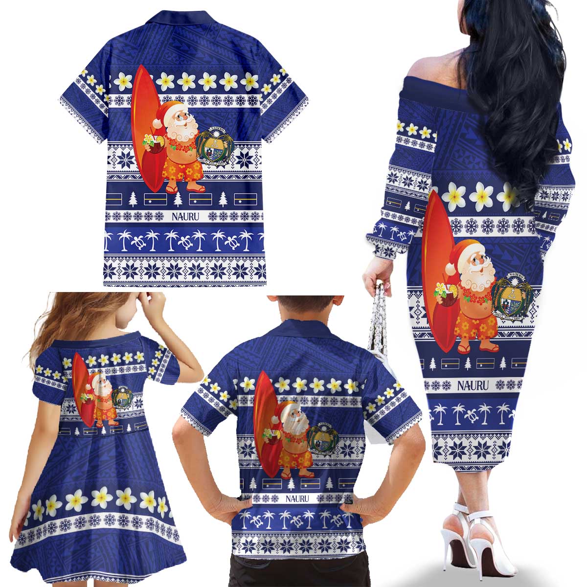 Nauru Christmas Family Matching Off The Shoulder Long Sleeve Dress and Hawaiian Shirt Cute Santa Coat Of Arms Merry Xmas - Polynesian Pride
