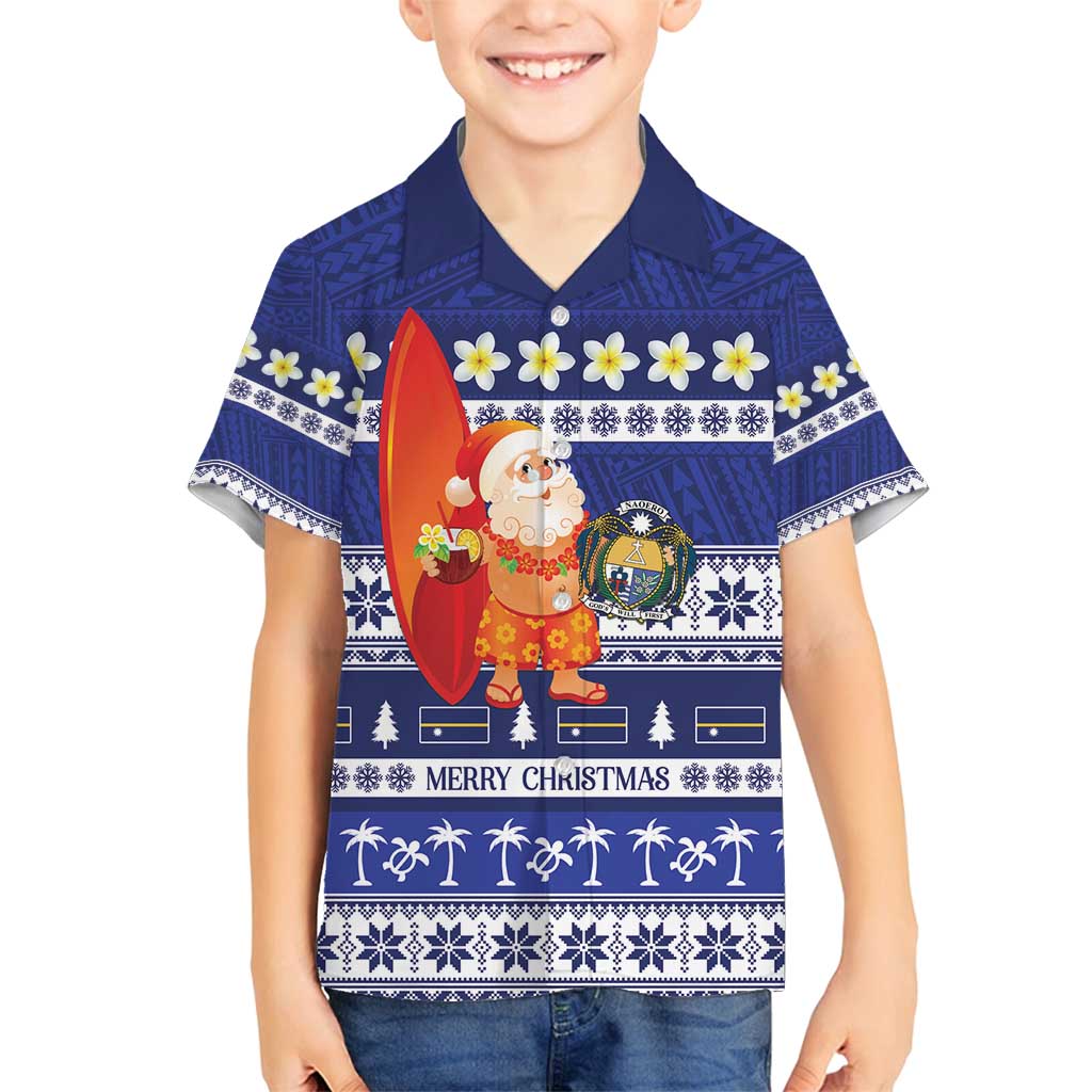 Nauru Christmas Family Matching Off Shoulder Short Dress and Hawaiian Shirt Cute Santa Coat Of Arms Merry Xmas - Polynesian Pride