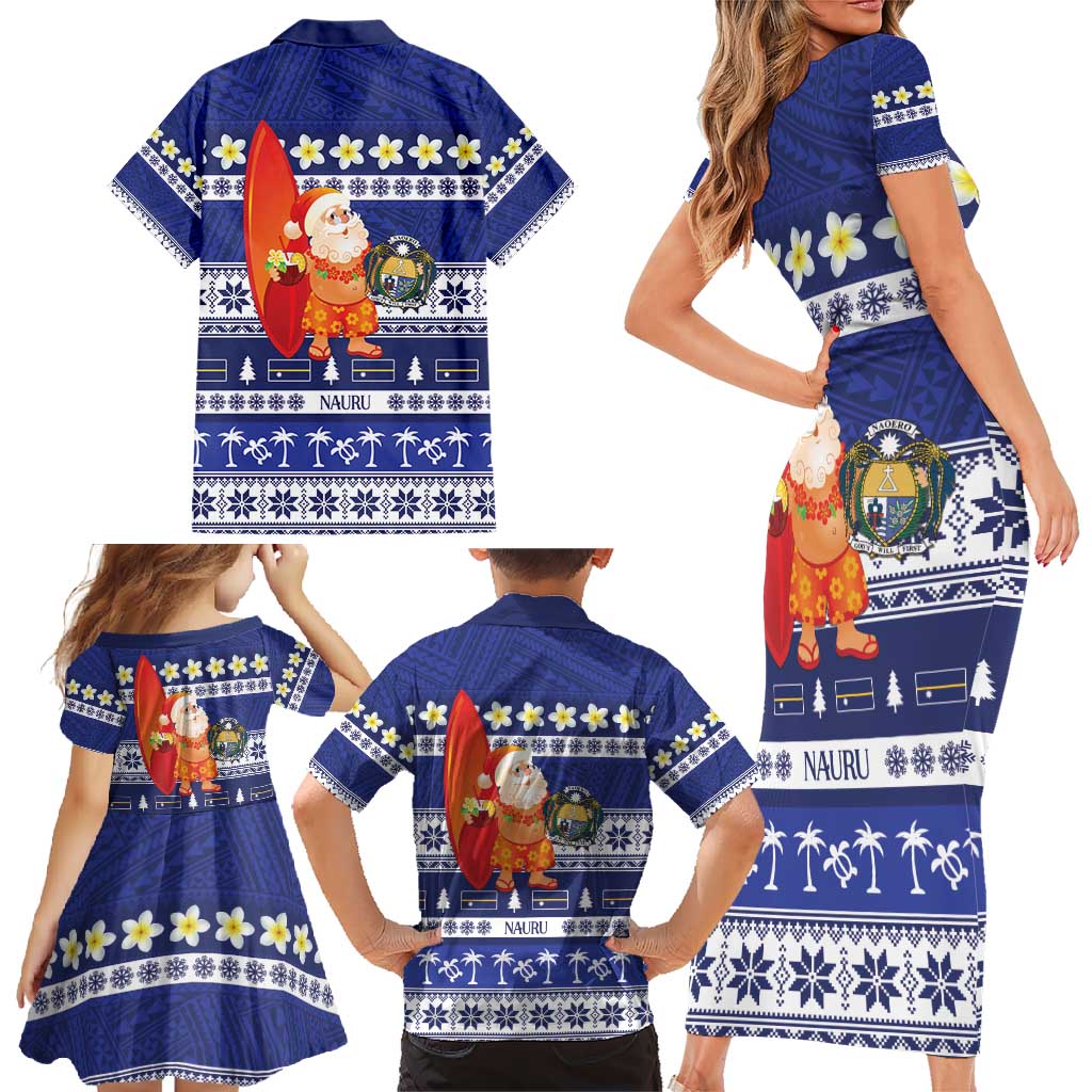 Nauru Christmas Family Matching Short Sleeve Bodycon Dress and Hawaiian Shirt Cute Santa Coat Of Arms Merry Xmas - Polynesian Pride