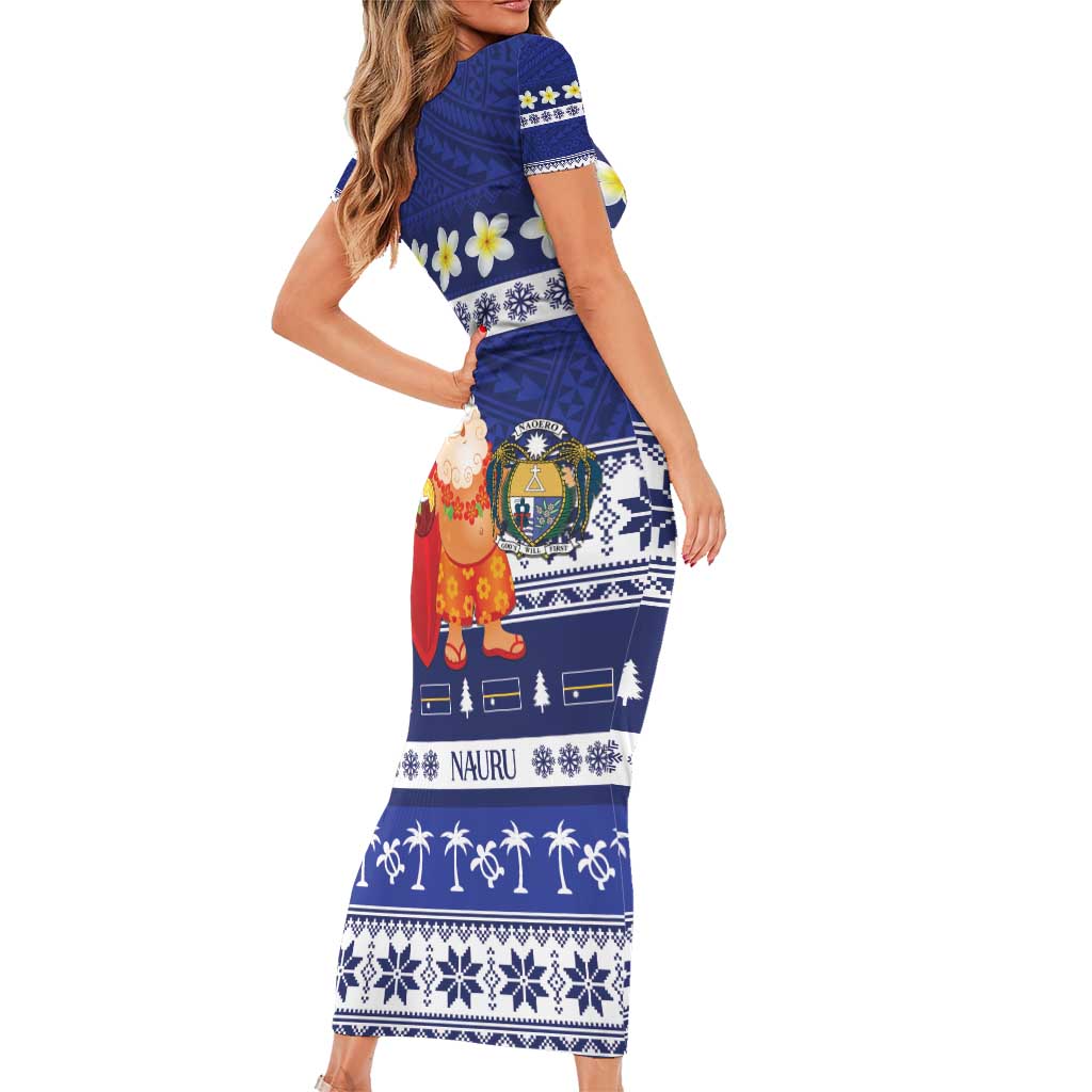 Nauru Christmas Family Matching Short Sleeve Bodycon Dress and Hawaiian Shirt Cute Santa Coat Of Arms Merry Xmas - Polynesian Pride
