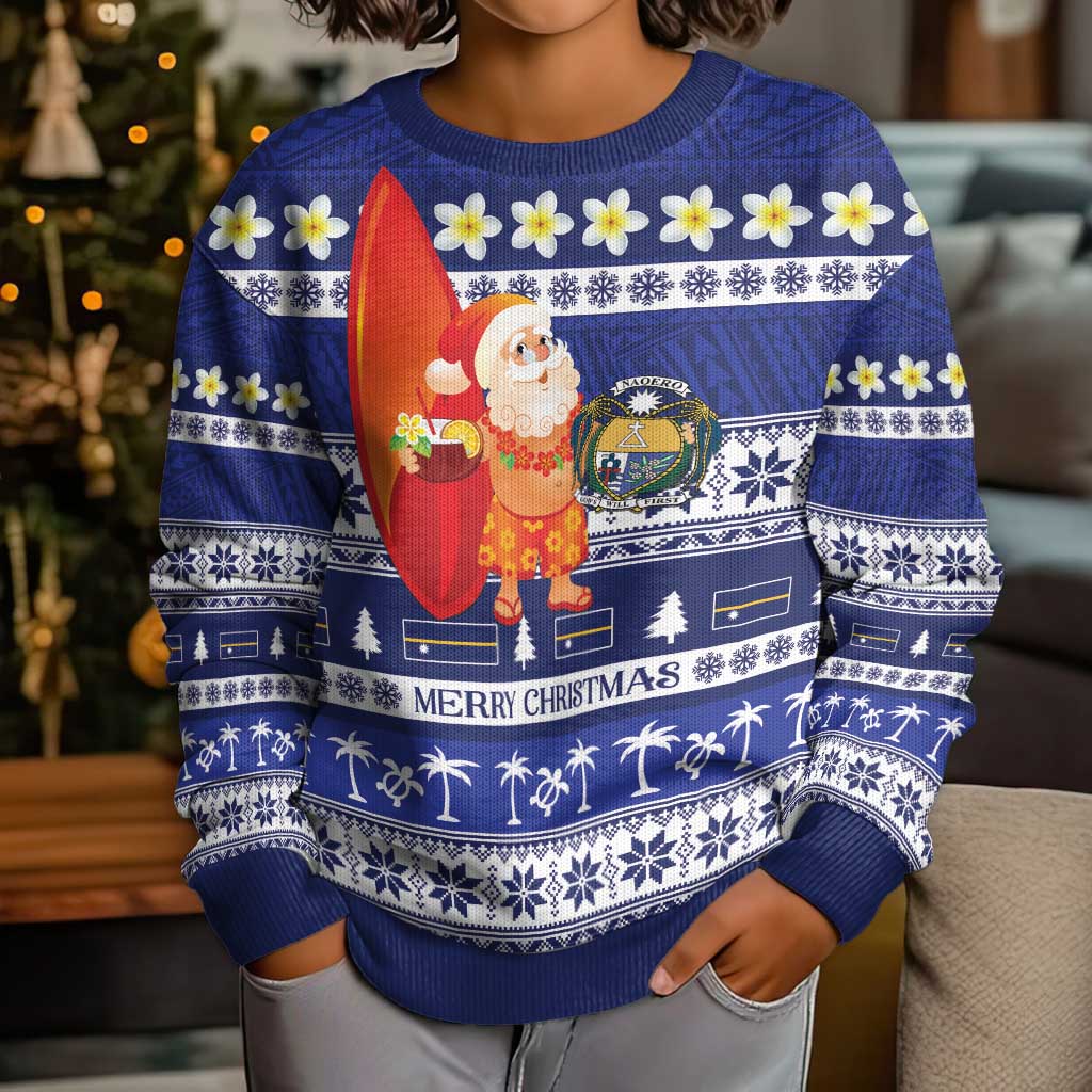 Nauru Christmas Kid Ugly Christmas Sweater Cute Santa Coat Of Arms Merry Xmas - Polynesian Pride