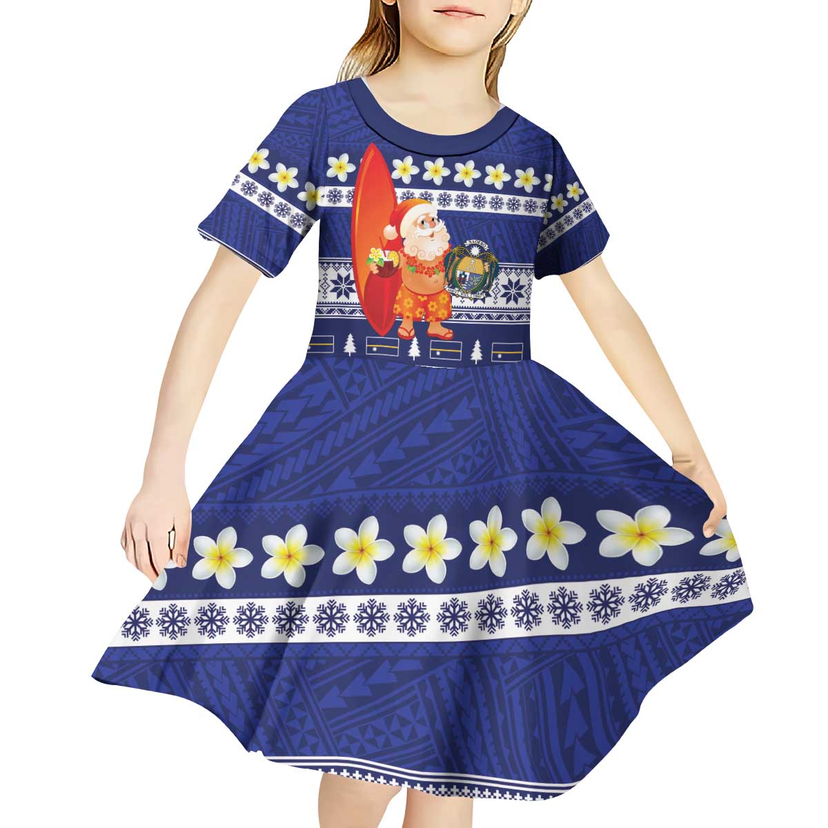 Nauru Christmas Kid Short Sleeve Dress Cute Santa Coat Of Arms Merry Xmas - Polynesian Pride